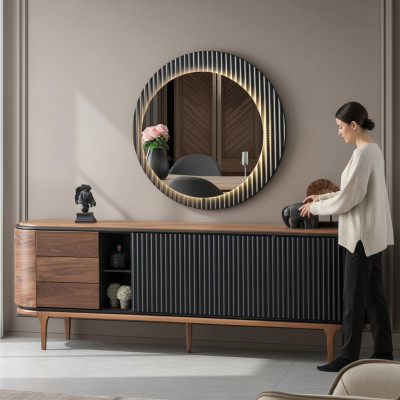 Suite élégante Designer Brown Sideboard Round Mirror 2-Piece Wood Set