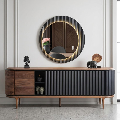 Suite élégante Designer Brown Sideboard Round Mirror 2-Piece Wood Set