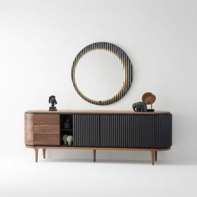 Suite élégante Designer Brown Sideboard Round Mirror 2-Piece Wood Set
