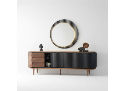 Suite élégante Designer Brown Sideboard Round Mirror 2-Piece Wood Set