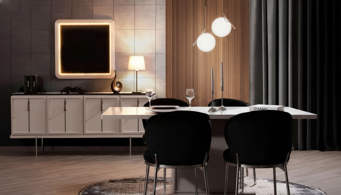 Salle à manger Suite Ensemble moderne Table à manger 4x chaises rembourrées Buffet 7 pièces
