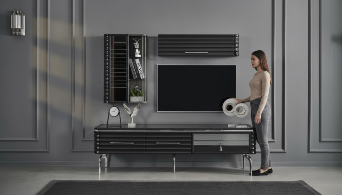 Ensemble de salon moderne, armoire TV de designer de luxe, 2 armoires murales, 3 pièces
