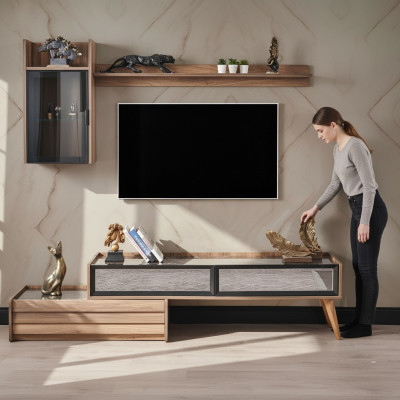Unité murale moderne Designer Armoire TV en bois Armoire murale de luxe Étagère 3 pièces