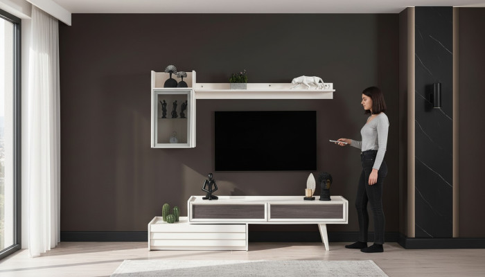 Mur Blanc Unité murale en bois Armoire murale de designer Étagère de luxe Armoire TV élégante
