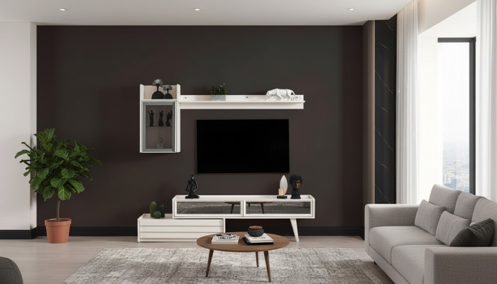 Mur Blanc Unité murale en bois Armoire murale de designer Étagère de luxe Armoire TV élégante