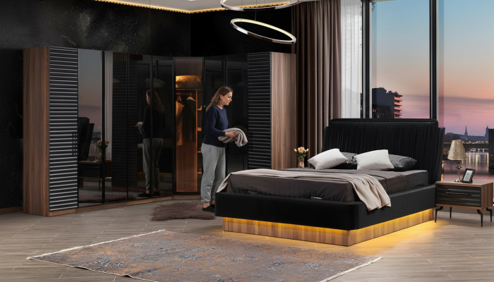 Ensemble de chambre brun-noir complet avec lit double et 2 tables de chevet.