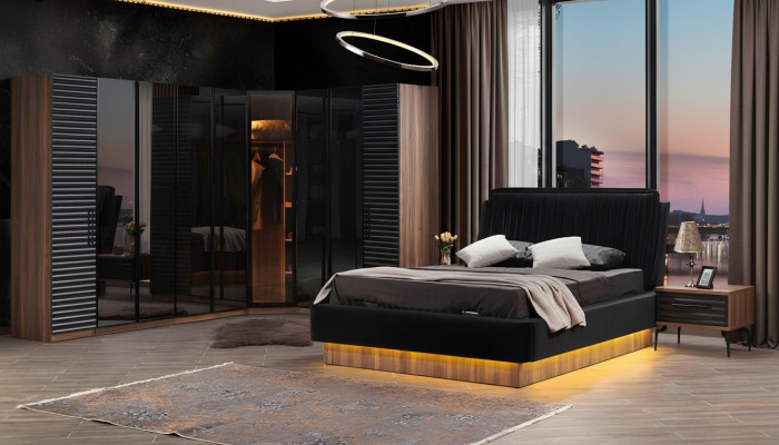 Ensemble de chambre brun-noir complet avec lit double et 2 tables de chevet.