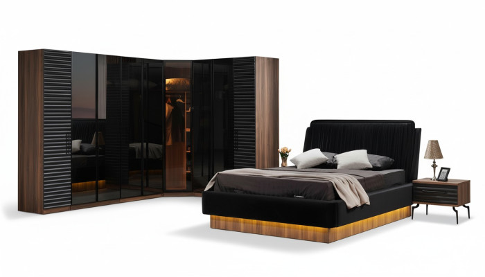 Ensemble de chambre brun-noir complet avec lit double et 2 tables de chevet.
