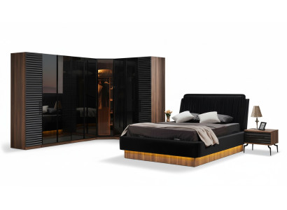 Ensemble de chambre brun-noir complet avec lit double et 2 tables de chevet.