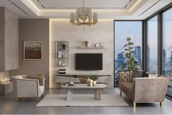 Salon Gris Moderne Suite de Luxe Armoire TV Armoires Murales Étagères