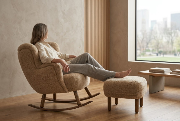 Chaise berçante beige Tabouret de luxe Ensemble de salon Tabouret rembourré 2 pièces