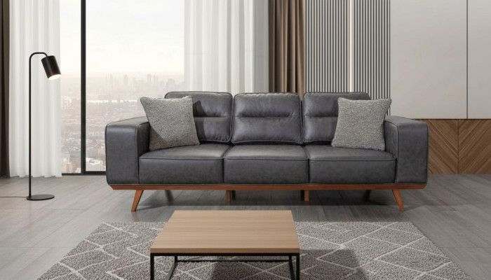Moderne, canapés en cuir de luxe gris à trois places, pour salon.