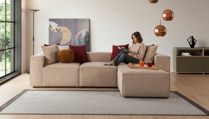 Salon beige de luxe Canapé d'angle Canapé en L Forme de tapisserie Moderne nouveau