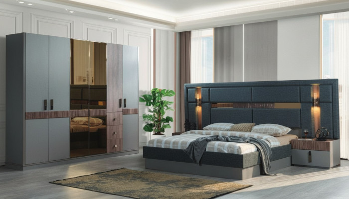 Chambre grise Ensembles de lit complets  2x Tables de chevet Armoire