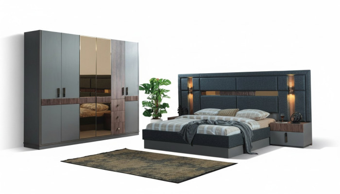 Chambre grise Ensembles de lit complets  2x Tables de chevet Armoire