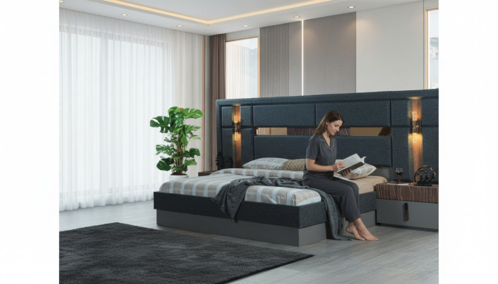 Lit double gris foncé avec tables de chevet en bois design pour chambre à coucher