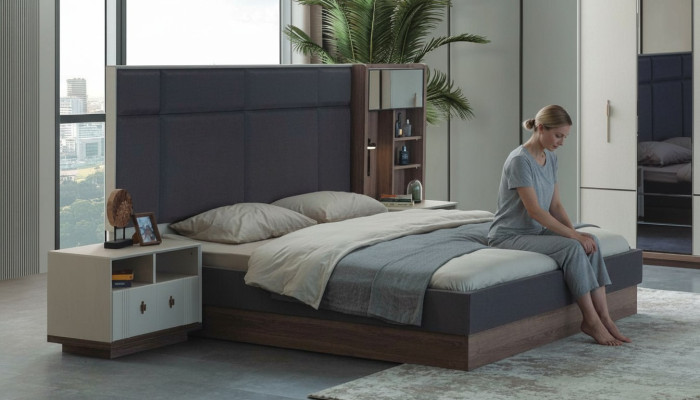 Chambre à coucher grise Lit Designer Suite Lit double 2x Tables de chevet