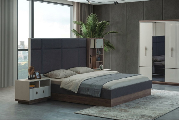 Chambre à coucher grise Lit Designer Suite Lit double 2x Tables de chevet