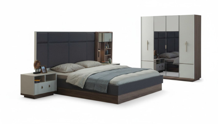 Chambre à coucher grise Lit Designer Suite Lit double 2x Tables de chevet