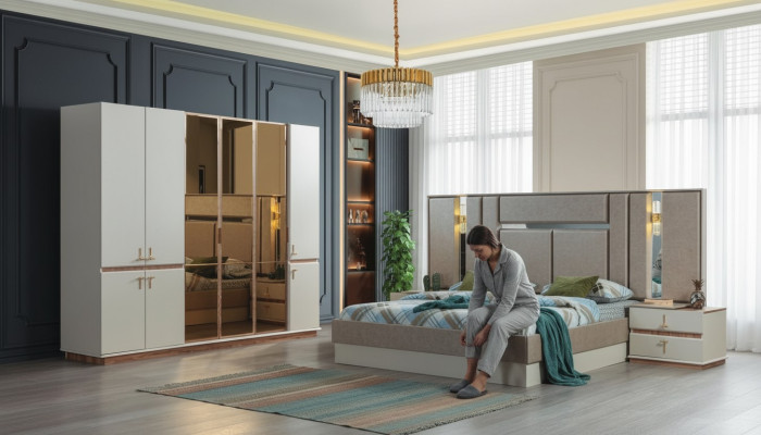 Lit design Armoire en bois Tables de chevet luxueuses Ensemble de chambre