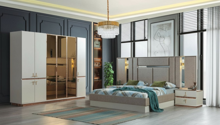 Lit design Armoire en bois Tables de chevet luxueuses Ensemble de chambre