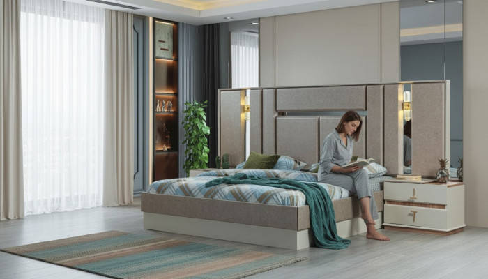 Mobilier de chambre beige Lits de luxe Tables de chevet de designer Ameublement