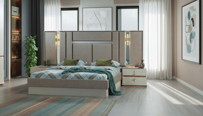 Mobilier de chambre beige Lits de luxe Tables de chevet de designer Ameublement