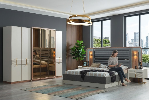 Ensemble de luxe pour chambre à coucher complet Lit 2x Tables de chevet Mobilier moderne 4 pièces