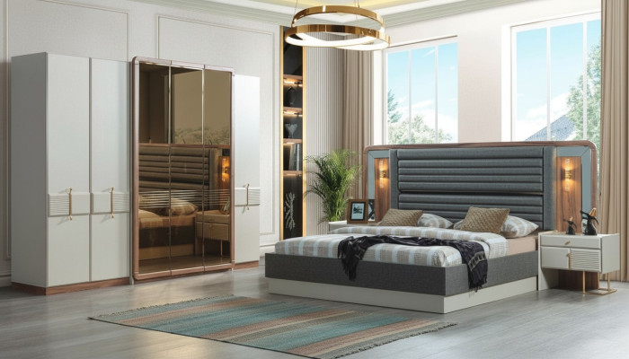 Ensemble de luxe pour chambre à coucher complet Lit 2x Tables de chevet Mobilier moderne 4 pièces