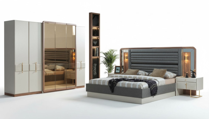 Ensemble de luxe pour chambre à coucher complet Lit 2x Tables de chevet Mobilier moderne 4 pièces