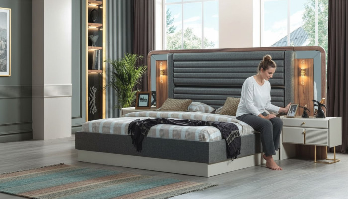 Lits gris Chambre à coucher de designer Lit double 2x Tables de chevet en bois 3 pièces