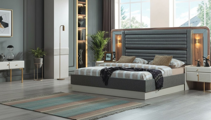Lits gris Chambre à coucher de designer Lit double 2x Tables de chevet en bois 3 pièces