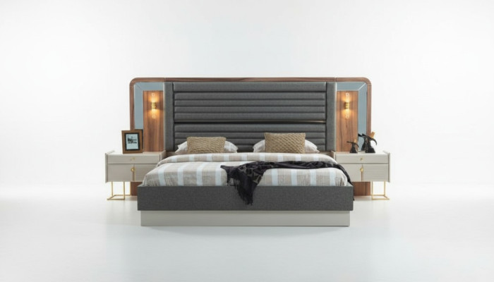 Lits gris Chambre à coucher de designer Lit double 2x Tables de chevet en bois 3 pièces