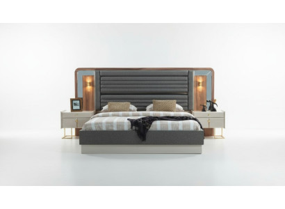 Lits gris Chambre à coucher de designer Lit double 2x Tables de chevet en bois 3 pièces