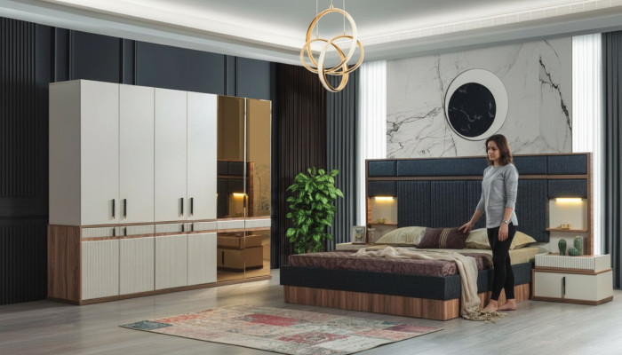 Meubles Lit de luxe 2x Tables de chevet Armoire Ensemble de chambre