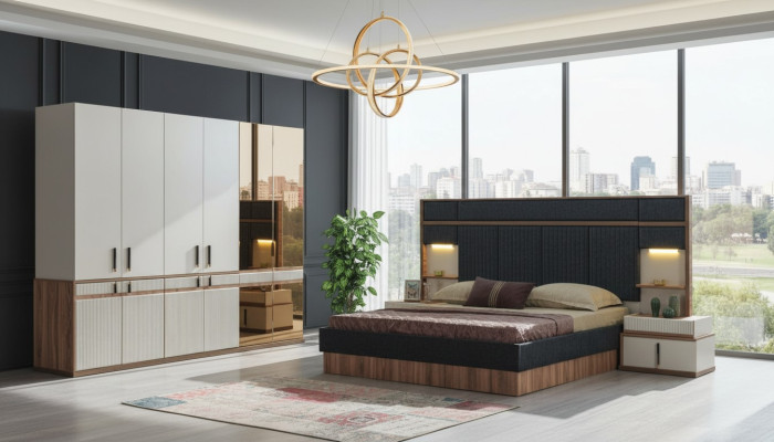 Meubles Lit de luxe 2x Tables de chevet Armoire Ensemble de chambre
