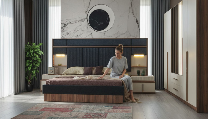Ensemble de chambre moderne Lit double en bois Tables de chevet Textile de lit