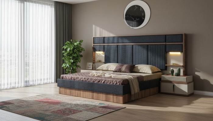 Ensemble de chambre moderne Lit double en bois Tables de chevet Textile de lit