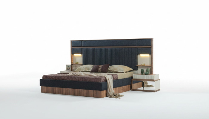 Ensemble de chambre moderne Lit double en bois Tables de chevet Textile de lit