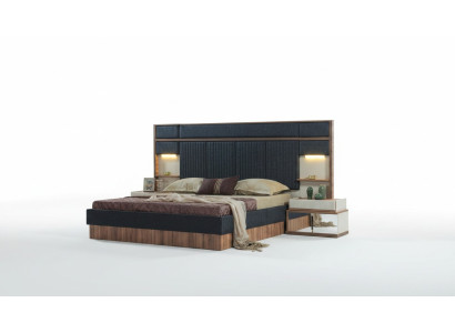 Ensemble de chambre moderne Lit double en bois Tables de chevet Textile de lit