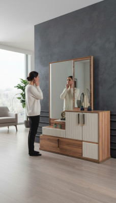 Blanc - Brun Commode Miroir Chambre Bois Mobilier Designer Suite