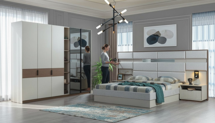 Ensemble de chambre blanc Lit double Tables de chevet Armoire 4 pièces nouveau