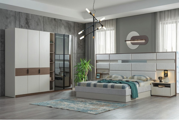 Ensemble de chambre blanc Lit double Tables de chevet Armoire 4 pièces nouveau