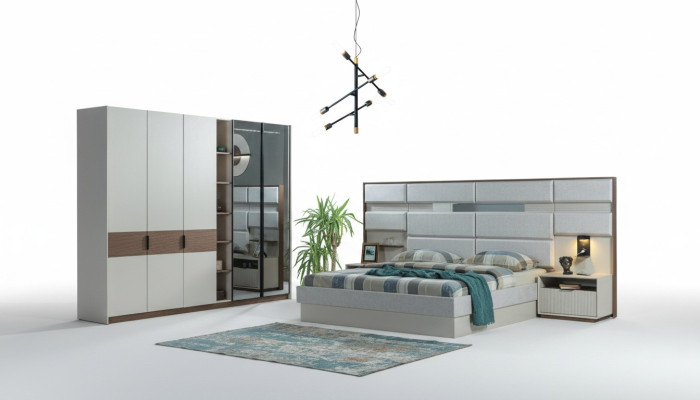 Ensemble de chambre blanc Lit double Tables de chevet Armoire 4 pièces nouveau