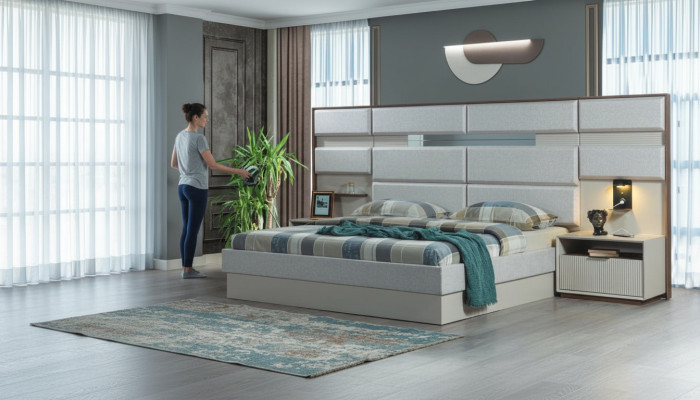Mobilier de chambre blanc Designer Lit double de luxe 2x Tables de chevet en bois