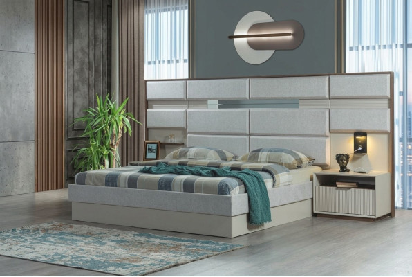 Mobilier de chambre blanc Designer Lit double de luxe 2x Tables de chevet en bois