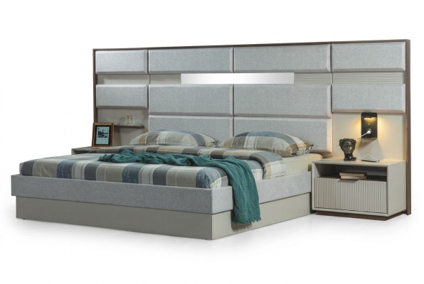 Mobilier de chambre blanc Designer Lit double de luxe 2x Tables de chevet en bois
