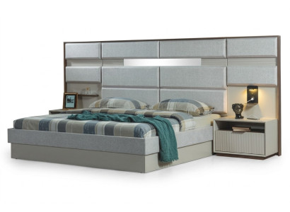 Mobilier de chambre blanc Designer Lit double de luxe 2x Tables de chevet en bois