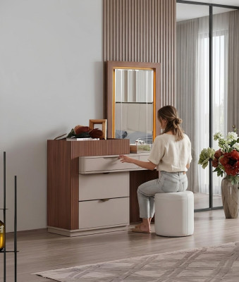 Beige-Braun Schlafzimmer-Kommode Designer-Toilettentisch mit Spiegel 2 Stk.