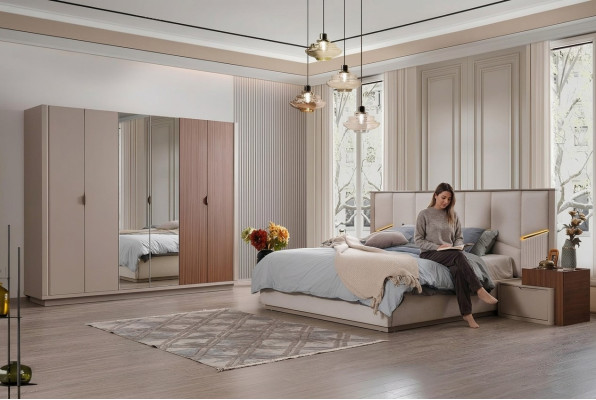 Grande suite de chambre beige Lit double 2x tables de chevet Armoire